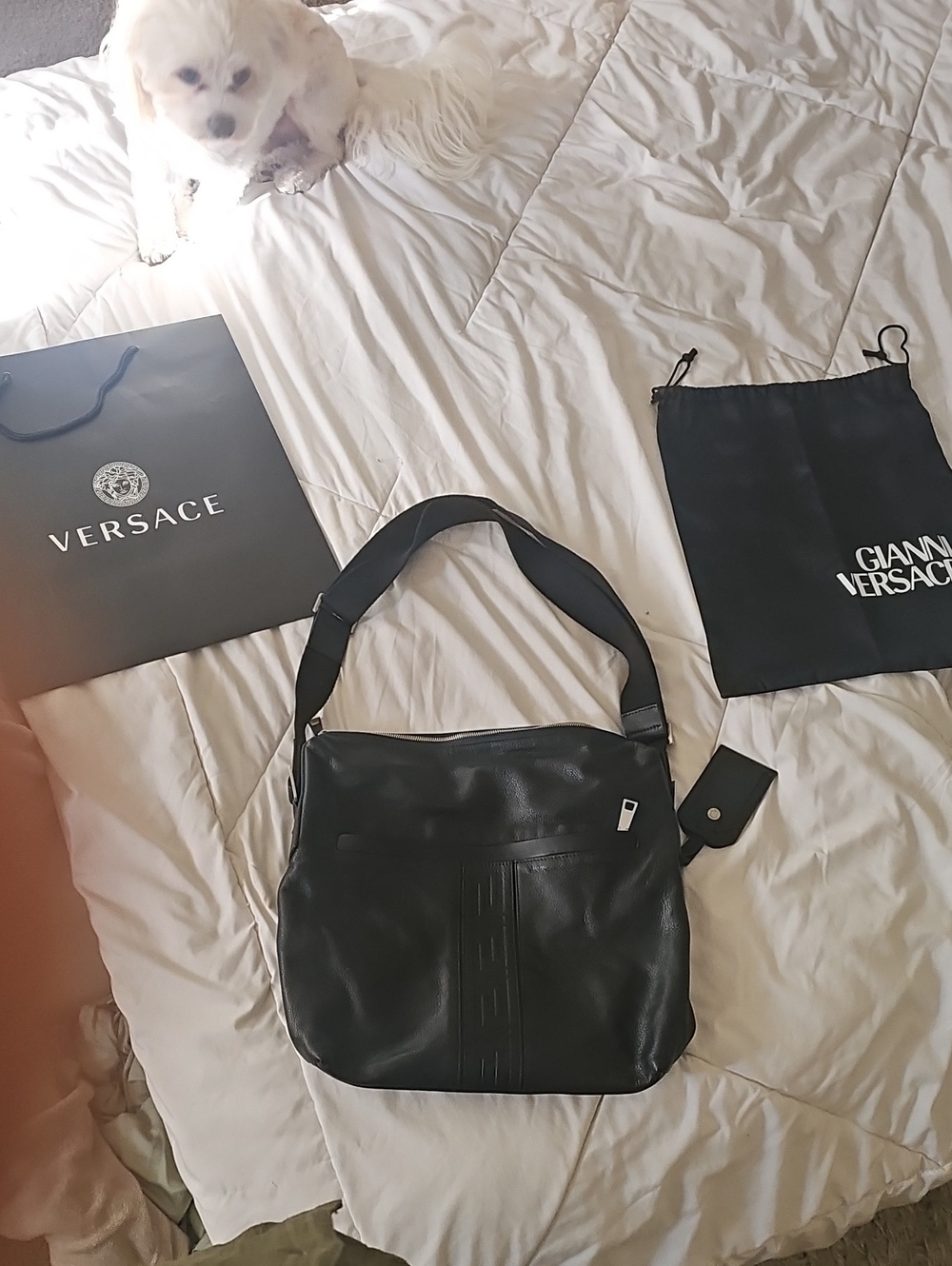 Versace Black Leather Messenger Bag with Wide Strap